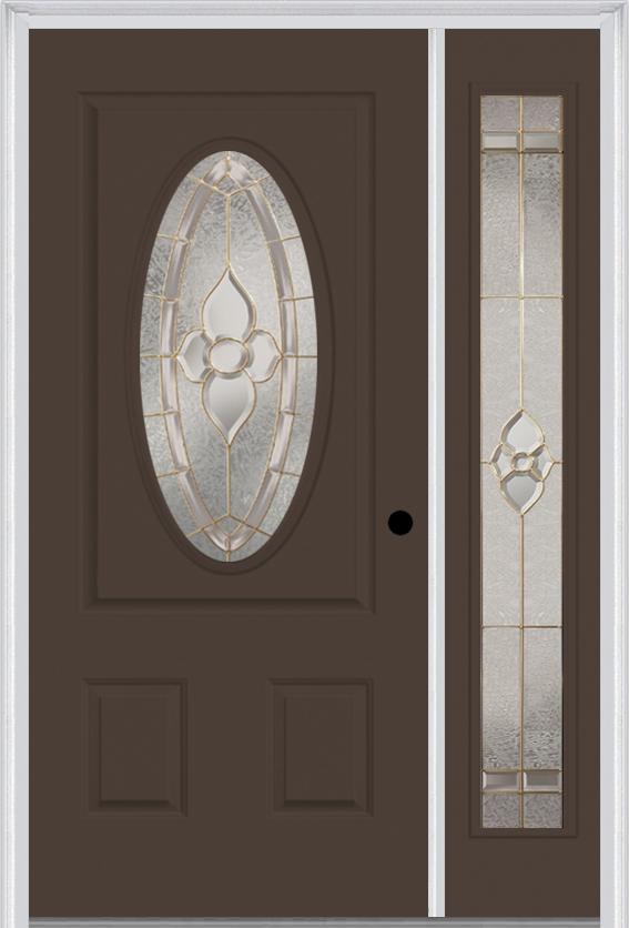 MMI Small Oval 2 Panel 3'0" X 6'8" Fiberglass Smooth Nouveau Nickel Or Nouveau Patina Exterior Prehung Door With 1 Full Lite Nouveau Brass/Nickel/Patina Decorative Glass Sidelight 949