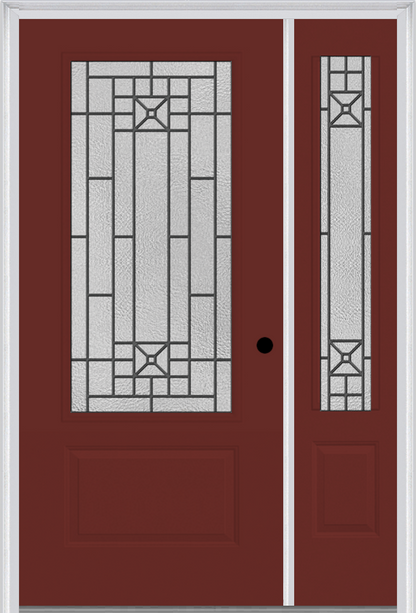 MMI 3/4 Lite 1 Panel 6'8" Fiberglass Smooth Courtyard Nickel Vein Wrought Iron Exterior Prehung Door With 1 Courtyard Nickel Vein Wrought Iron 3/4 Lite Decorative Glass Sidelight 608