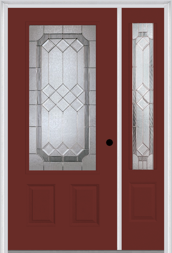 MMI 3/4 Lite 2 Panel 6'8" Fiberglass Smooth Majestic Nickel Exterior Prehung Door With 1 Majestic Nickel 3/4 Lite Decorative Glass Sidelight 607