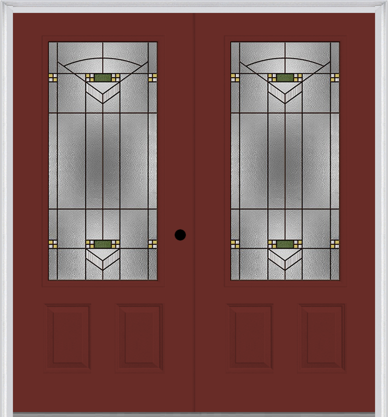 MMI TWIN/DOUBLE 3/4 LITE 2 PANEL 6'0" X 6'8" FIBERGLASS SMOOTH GREENFIELD OIL RUBBED BRONZE DECORATIVE GLASS EXTERIOR PREHUNG DOOR 607