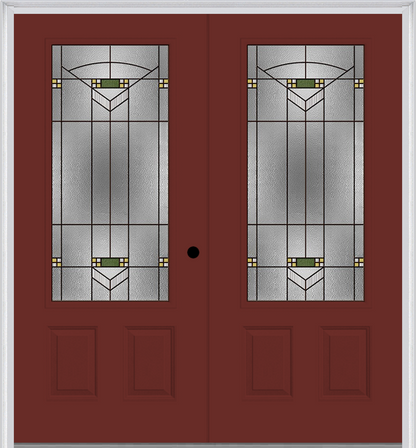 MMI TWIN/DOUBLE 3/4 LITE 2 PANEL 6'0" X 6'8" FIBERGLASS SMOOTH GREENFIELD OIL RUBBED BRONZE DECORATIVE GLASS EXTERIOR PREHUNG DOOR 607