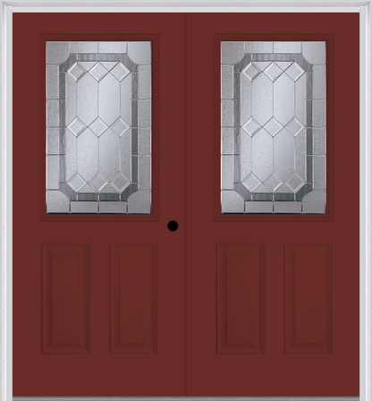 MMI TWIN/DOUBLE 1/2 LITE 2 PANEL 6'8" FIBERGLASS SMOOTH MAJESTIC NICKEL DECORATIVE GLASS EXTERIOR PREHUNG DOOR 684