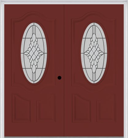 MMI Twin/Double Small Oval 2 Panel Deluxe 6'8" Fiberglass Smooth Grace Nickel Or Grace Patina Decorative Glass Exterior Prehung Door 749