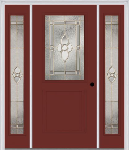 MMI 1/2 Lite 1 Panel 6'8" Fiberglass Smooth Nouveau Nickel Or Nouveau Patina Exterior Prehung Door With 2 Full Lite Nouveau Brass/Nickel/Patina Decorative Glass Sidelights 682