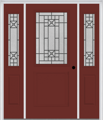 MMI 1/2 Lite 1 Panel 6'8" Fiberglass Smooth Courtyard Nickel Vein Wrought Iron Exterior Prehung Door With 2 Half Lite Courtyard Nickel Vein Wrought Iron Decorative Glass Sidelights 682