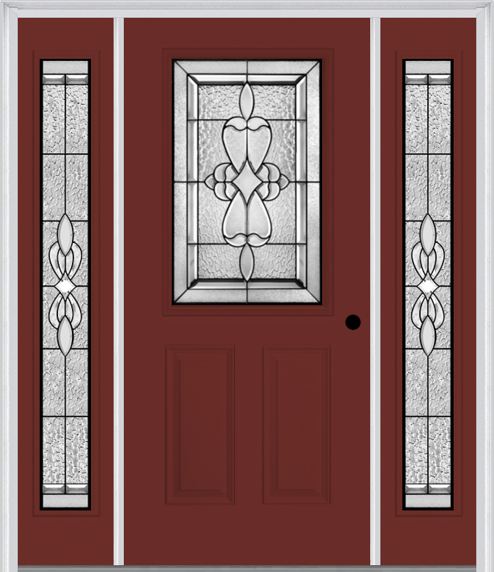 MMI 1/2 Lite 2 Panel 6'8" Fiberglass Smooth Jamestown Patina Exterior Prehung Door With 2 Full Lite Jamestown Patina Decorative Glass Sidelights 684