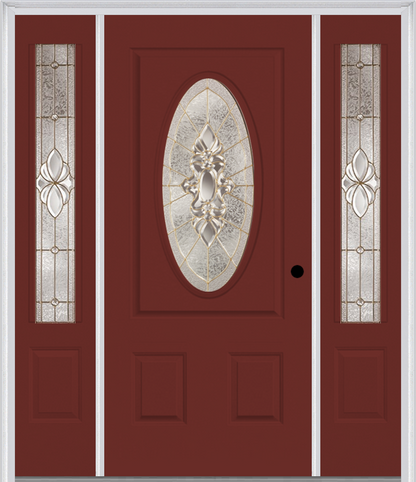 MMI SMALL OVAL 2 PANEL 6'8" FIBERGLASS SMOOTH HEIRLOOMS BRASS OR HEIRLOOMS SATIN NICKEL EXTERIOR PREHUNG DOOR WITH 2 HEIRLOOMS BRASS/SATIN NICKEL 3/4 LITE DECORATIVE GLASS SIDELIGHTS 949