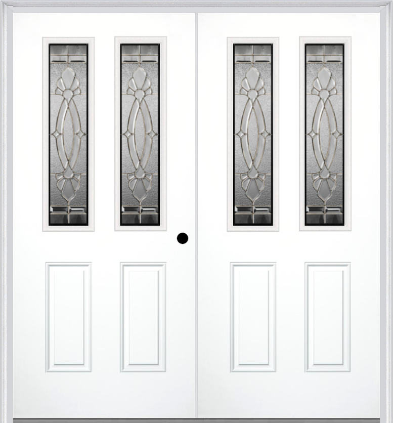 MMI TWIN/DOUBLE 2-1/2 LITE 2 PANEL 6'8" FIBERGLASS SMOOTH BELAIRE ZINC DECORATIVE GLASS EXTERIOR PREHUNG DOOR 692