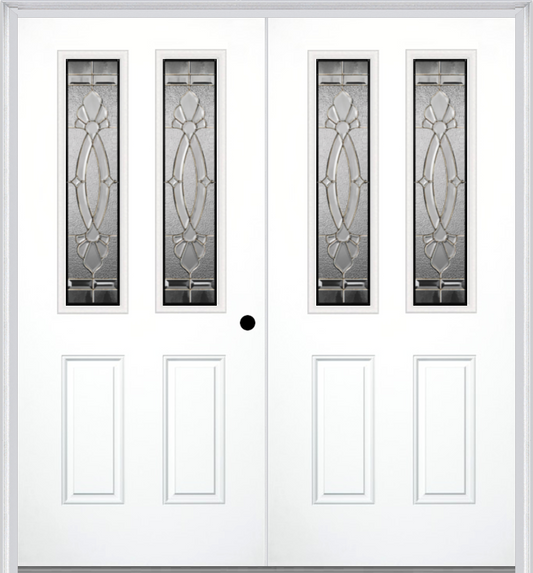 MMI TWIN/DOUBLE 2-1/2 LITE 2 PANEL 6'8" FIBERGLASS SMOOTH BELAIRE ZINC DECORATIVE GLASS EXTERIOR PREHUNG DOOR 692