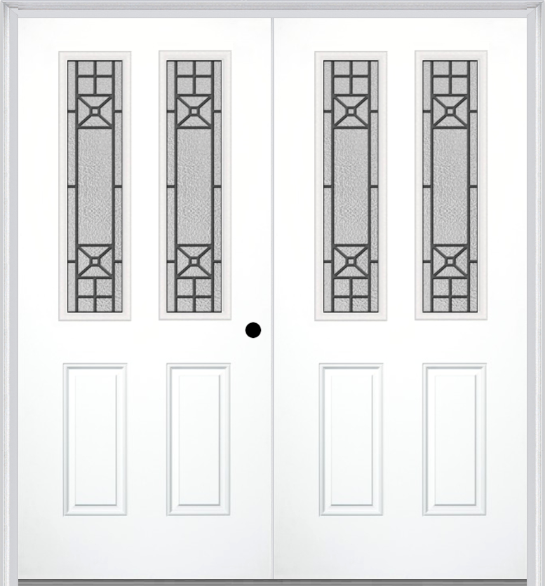 MMI TWIN/DOUBLE 2-1/2 LITE 2 PANEL 6'8" FIBERGLASS SMOOTH COURTYARD NICKEL VEIN WROUGHT IRON DECORATIVE GLASS EXTERIOR PREHUNG DOOR 692