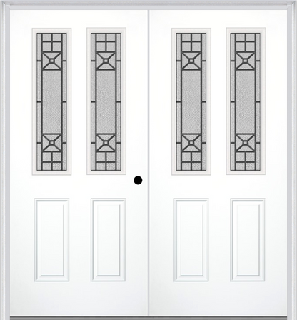 MMI TWIN/DOUBLE 2-1/2 LITE 2 PANEL 6'8" FIBERGLASS SMOOTH COURTYARD NICKEL VEIN WROUGHT IRON DECORATIVE GLASS EXTERIOR PREHUNG DOOR 692