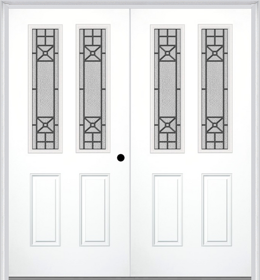 MMI TWIN/DOUBLE 2-1/2 LITE 2 PANEL 6'8" FIBERGLASS SMOOTH COURTYARD NICKEL VEIN WROUGHT IRON DECORATIVE GLASS EXTERIOR PREHUNG DOOR 692