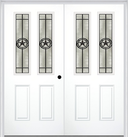 MMI TWIN/DOUBLE 2-1/2 LITE 2 PANEL 6'8" FIBERGLASS SMOOTH ELEGANT STAR WROUGHT IRON DECORATIVE GLASS EXTERIOR PREHUNG DOOR 692