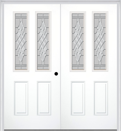 MMI TWIN/DOUBLE 2-1/2 LITE 2 PANEL 6'8" FIBERGLASS SMOOTH GRACE NICKEL OR GRACE PATINA DECORATIVE GLASS EXTERIOR PREHUNG DOOR 692