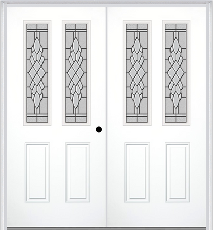 MMI TWIN/DOUBLE 2-1/2 LITE 2 PANEL 6'8" FIBERGLASS SMOOTH GRACE NICKEL OR GRACE PATINA DECORATIVE GLASS EXTERIOR PREHUNG DOOR 692