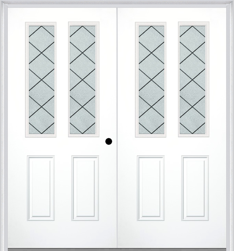 MMI TWIN/DOUBLE 2-1/2 LITE 2 PANEL 6'8" FIBERGLASS SMOOTH HARRIS PATINA DECORATIVE GLASS EXTERIOR PREHUNG DOOR 692