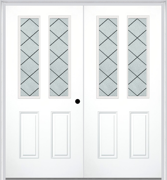 MMI TWIN/DOUBLE 2-1/2 LITE 2 PANEL 6'8" FIBERGLASS SMOOTH HARRIS PATINA DECORATIVE GLASS EXTERIOR PREHUNG DOOR 692