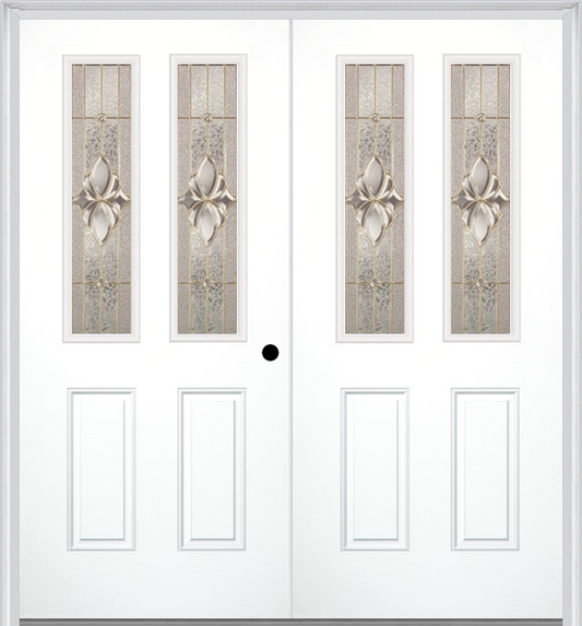 MMI TWIN/DOUBLE 2-1/2 LITE 2 PANEL 6'8" FIBERGLASS SMOOTH HEIRLOOMS BRASS OR HEIRLOOMS SATIN NICKEL DECORATIVE GLASS EXTERIOR PREHUNG DOOR 692