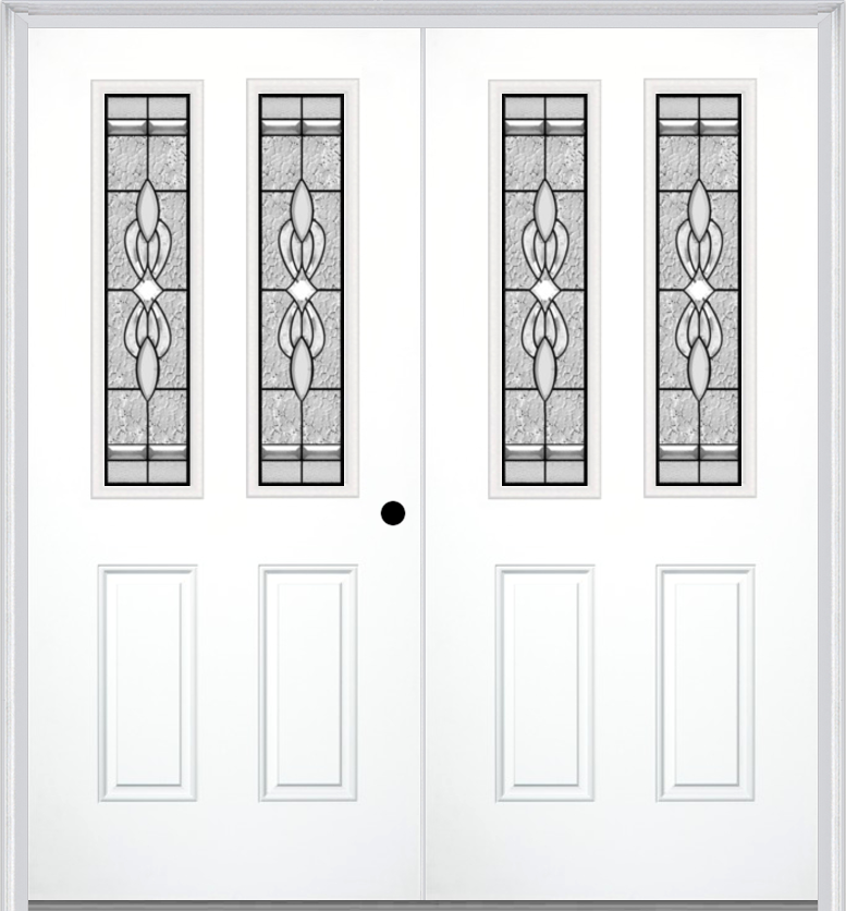 MMI TWIN/DOUBLE 2-1/2 LITE 2 PANEL 6'8" FIBERGLASS SMOOTH JAMESTOWN PATINA DECORATIVE GLASS EXTERIOR PREHUNG DOOR 692