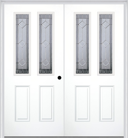 MMI TWIN/DOUBLE 2-1/2 LITE 2 PANEL 6'8" FIBERGLASS SMOOTH MAJESTIC NICKEL DECORATIVE GLASS EXTERIOR PREHUNG DOOR 692