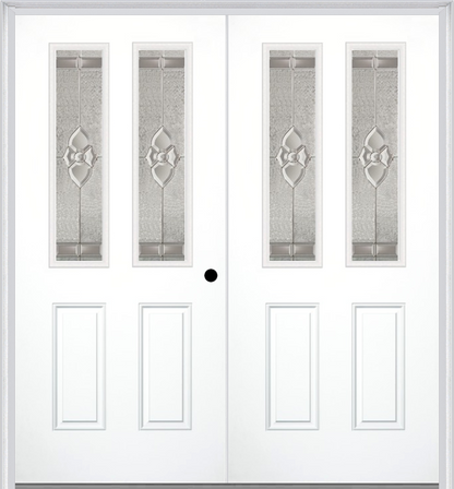 MMI TWIN/DOUBLE 2-1/2 LITE 2 PANEL 6'8" FIBERGLASS SMOOTH NOUVEAU BRASS, NOUVEAU NICKEL, OR NOUVEAU PATINA DECORATIVE GLASS EXTERIOR PREHUNG DOOR 692