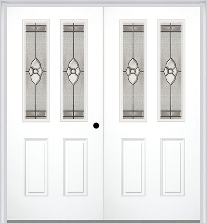 MMI TWIN/DOUBLE 2-1/2 LITE 2 PANEL 6'8" FIBERGLASS SMOOTH NOUVEAU BRASS, NOUVEAU NICKEL, OR NOUVEAU PATINA DECORATIVE GLASS EXTERIOR PREHUNG DOOR 692