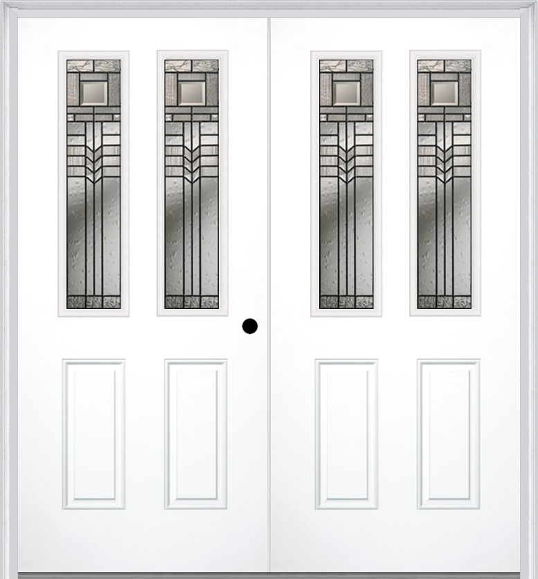 MMI TWIN/DOUBLE 2-1/2 LITE 2 PANEL 6'8" FIBERGLASS SMOOTH OAK PARK PATINA DECORATIVE GLASS EXTERIOR PREHUNG DOOR 692
