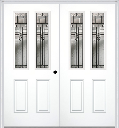 MMI TWIN/DOUBLE 2-1/2 LITE 2 PANEL 6'8" FIBERGLASS SMOOTH OAK PARK PATINA DECORATIVE GLASS EXTERIOR PREHUNG DOOR 692