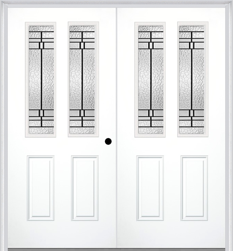 MMI TWIN/DOUBLE 2-1/2 LITE 2 PANEL 6'8" FIBERGLASS SMOOTH PEMBROOK PATINA DECORATIVE GLASS EXTERIOR PREHUNG DOOR 692