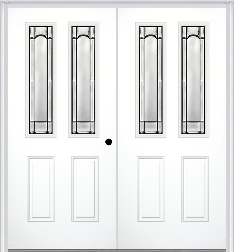 MMI TWIN/DOUBLE 2-1/2 LITE 2 PANEL 6'8" FIBERGLASS SMOOTH SOLEIL PATINA DECORATIVE GLASS EXTERIOR PREHUNG DOOR 692