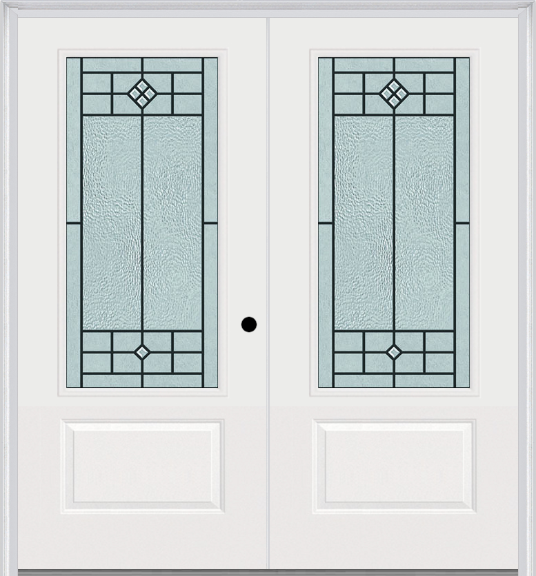 MMI TWIN/DOUBLE 3/4 LITE 1 PANEL 6'0" X 6'8" FIBERGLASS SMOOTH BEAUFORT PATINA DECORATIVE GLASS EXTERIOR PREHUNG DOOR 608