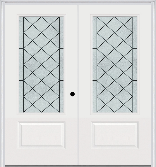 MMI TWIN/DOUBLE 3/4 LITE 1 PANEL 6'0" X 6'8" FIBERGLASS SMOOTH HARRIS PATINA DECORATIVE GLASS EXTERIOR PREHUNG DOOR 608