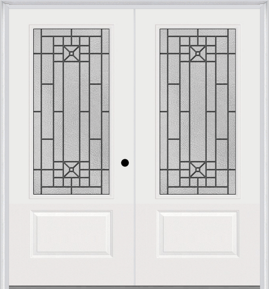 MMI TWIN/DOUBLE 3/4 LITE 1 PANEL 6'0" X 6'8" FIBERGLASS SMOOTH COURTYARD NICKEL VEIN WROUGHT IRON DECORATIVE GLASS EXTERIOR PREHUNG DOOR 608