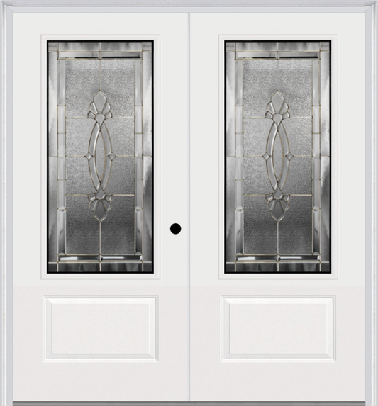 MMI TWIN/DOUBLE 3/4 LITE 1 PANEL 6'0" X 6'8" FIBERGLASS SMOOTH BELAIRE ZINC DECORATIVE GLASS EXTERIOR PREHUNG DOOR 608