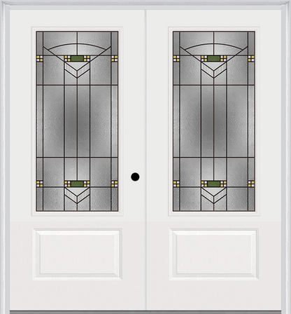 MMI TWIN/DOUBLE 3/4 LITE 1 PANEL 6'0" X 6'8" FIBERGLASS SMOOTH GREENFIELD OIL RUBBED BRONZE DECORATIVE GLASS EXTERIOR PREHUNG DOOR 608