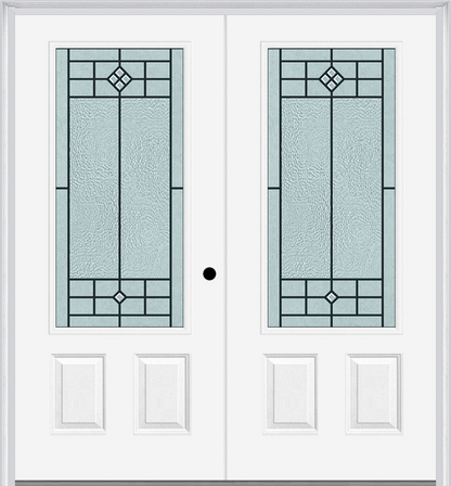 MMI TWIN/DOUBLE 3/4 LITE 2 PANEL 6'0" X 6'8" FIBERGLASS SMOOTH BEAUFORT PATINA DECORATIVE GLASS EXTERIOR PREHUNG DOOR 607