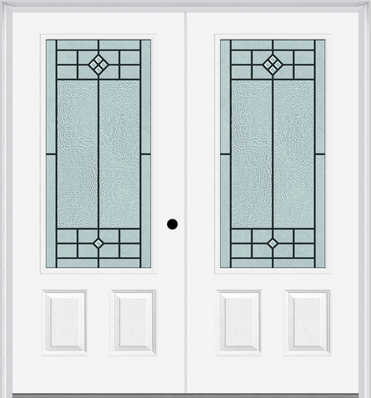 MMI TWIN/DOUBLE 3/4 LITE 2 PANEL 6'0" X 6'8" FIBERGLASS SMOOTH BEAUFORT PATINA DECORATIVE GLASS EXTERIOR PREHUNG DOOR 607