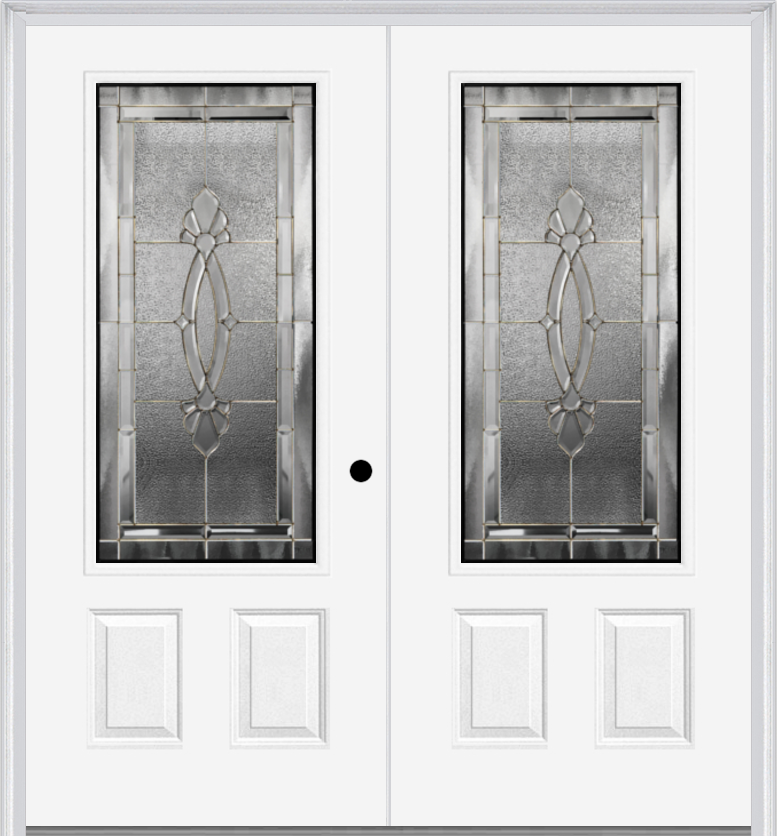 MMI TWIN/DOUBLE 3/4 LITE 2 PANEL 6'0" X 6'8" FIBERGLASS SMOOTH BELAIRE ZINC DECORATIVE GLASS EXTERIOR PREHUNG DOOR 607