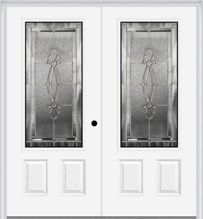 MMI TWIN/DOUBLE 3/4 LITE 2 PANEL 6'0" X 6'8" FIBERGLASS SMOOTH BELAIRE ZINC DECORATIVE GLASS EXTERIOR PREHUNG DOOR 607