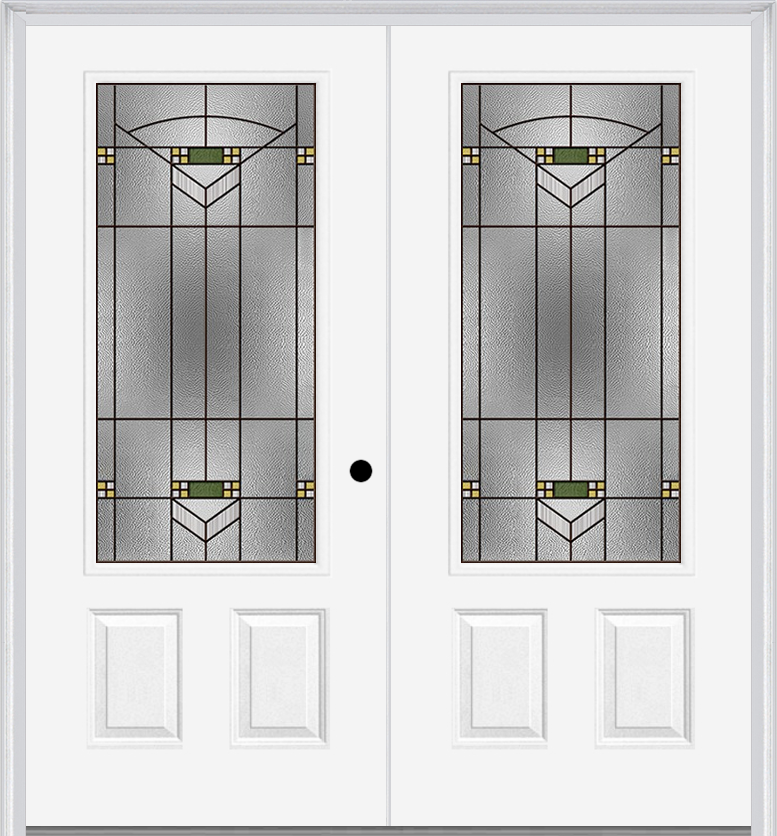 MMI TWIN/DOUBLE 3/4 LITE 2 PANEL 6'0" X 6'8" FIBERGLASS SMOOTH GREENFIELD OIL RUBBED BRONZE DECORATIVE GLASS EXTERIOR PREHUNG DOOR 607