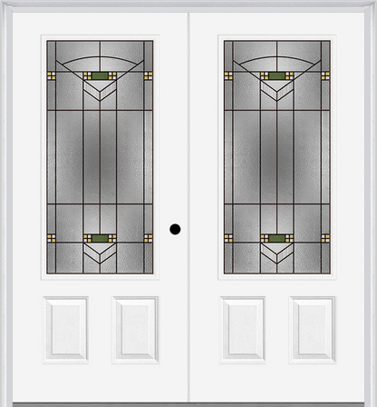 MMI TWIN/DOUBLE 3/4 LITE 2 PANEL 6'0" X 6'8" FIBERGLASS SMOOTH GREENFIELD OIL RUBBED BRONZE DECORATIVE GLASS EXTERIOR PREHUNG DOOR 607