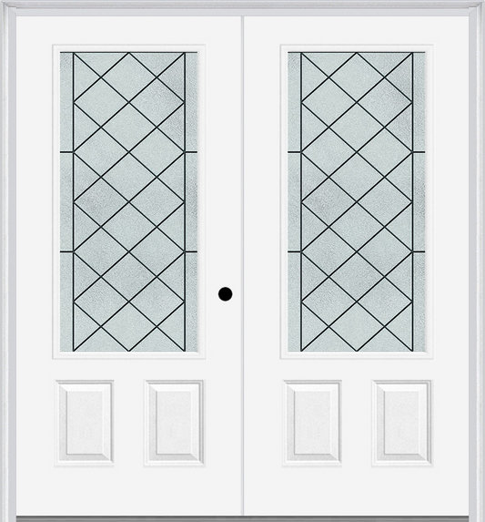 MMI TWIN/DOUBLE 3/4 LITE 2 PANEL 6'0" X 6'8" FIBERGLASS SMOOTH HARRIS PATINA DECORATIVE GLASS EXTERIOR PREHUNG DOOR 607