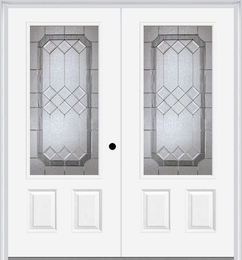 MMI TWIN/DOUBLE 3/4 LITE 2 PANEL 6'0" X 6'8" FIBERGLASS SMOOTH MAJESTIC NICKEL DECORATIVE GLASS EXTERIOR PREHUNG DOOR 607