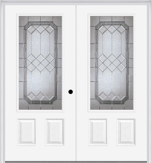 MMI TWIN/DOUBLE 3/4 LITE 2 PANEL 6'0" X 6'8" FIBERGLASS SMOOTH MAJESTIC NICKEL DECORATIVE GLASS EXTERIOR PREHUNG DOOR 607