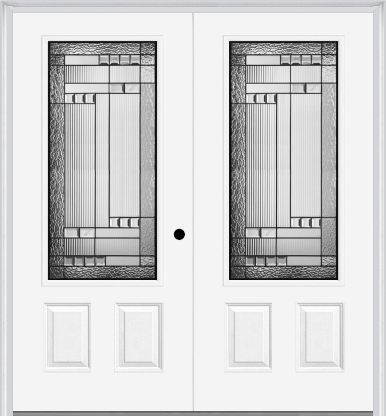 MMI TWIN/DOUBLE 3/4 LITE 2 PANEL 6'0" X 6'8" FIBERGLASS SMOOTH METRO PATINA DECORATIVE GLASS EXTERIOR PREHUNG DOOR 607