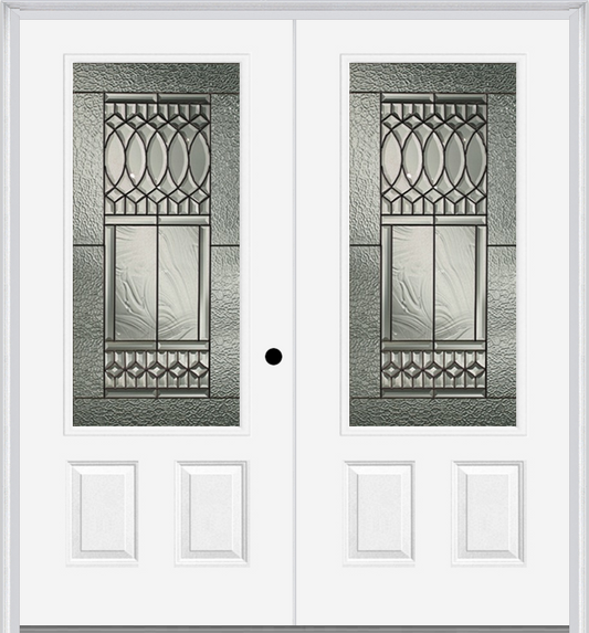 MMI TWIN/DOUBLE 3/4 LITE 2 PANEL 6'0" X 6'8" FIBERGLASS SMOOTH PARIS PATINA DECORATIVE GLASS EXTERIOR PREHUNG DOOR 607