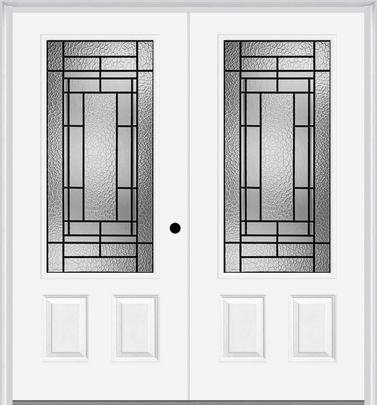 MMI TWIN/DOUBLE 3/4 LITE 2 PANEL 6'0" X 6'8" FIBERGLASS SMOOTH PEMBROOK PATINA DECORATIVE GLASS EXTERIOR PREHUNG DOOR 607