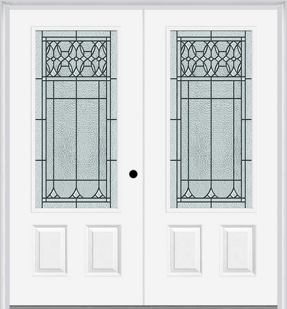 MMI TWIN/DOUBLE 3/4 LITE 2 PANEL 6'0" X 6'8" FIBERGLASS SMOOTH SELWYN PATINA DECORATIVE GLASS EXTERIOR PREHUNG DOOR 607