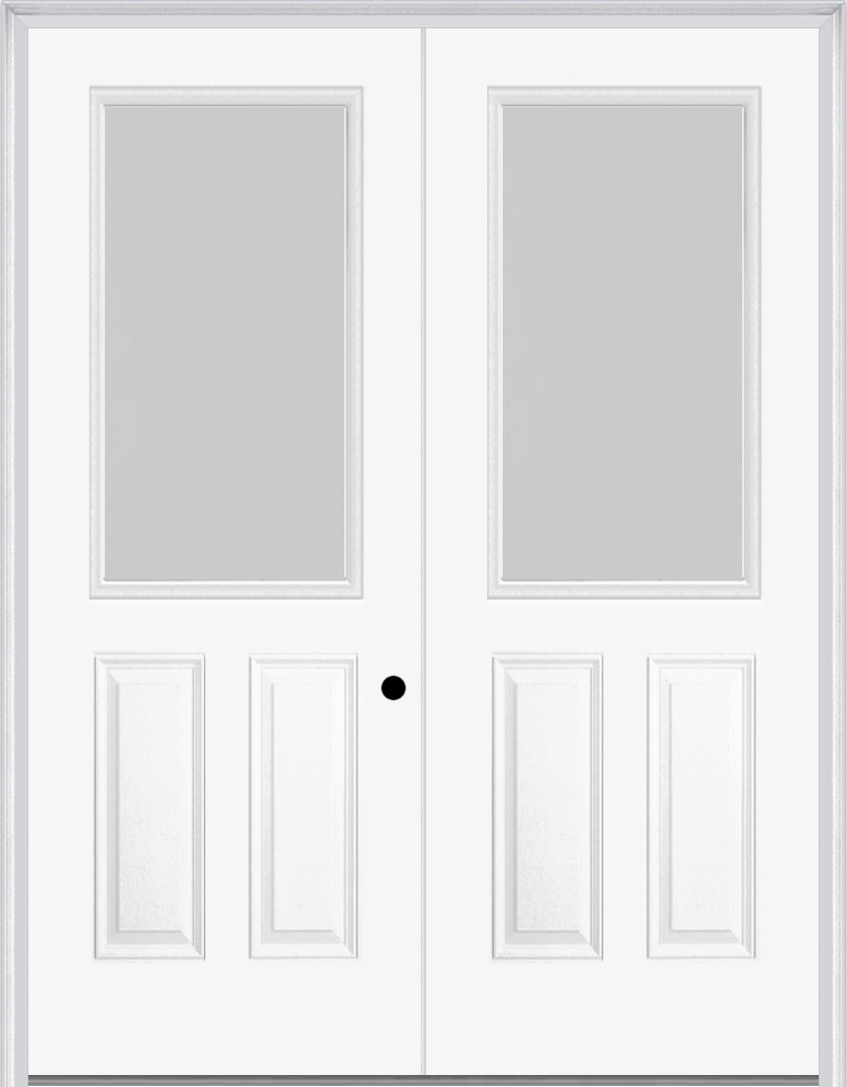 MMI TWIN/DOUBLE 1/2 LITE 2 PANEL 6'0" X 8'0" FIBERGLASS SMOOTH TEXTURED/PRIVACY GLASS EXTERIOR PREHUNG DOOR 906