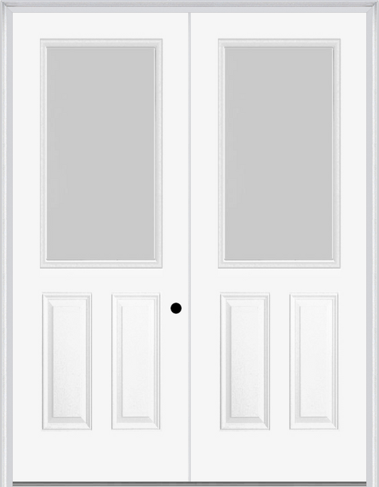 MMI TWIN/DOUBLE 1/2 LITE 2 PANEL 6'0" X 8'0" FIBERGLASS SMOOTH TEXTURED/PRIVACY GLASS EXTERIOR PREHUNG DOOR 906